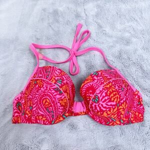 Aerie Swim Brooke Bikini Bra Top Pink Paisley Halter Strappy Underwire 36C